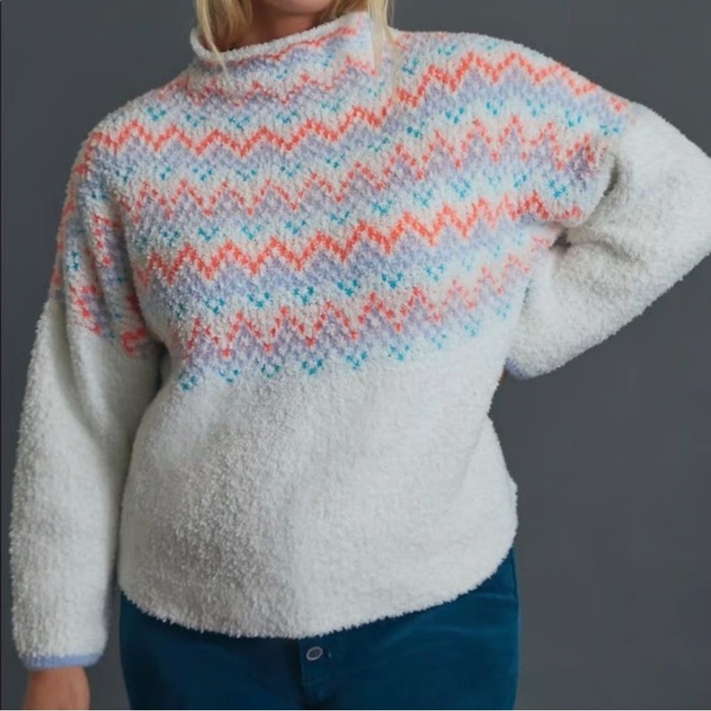 ANTHROPOLOGIE PILCRO Selene Sweater Off White Chevron Fair Isle Mock Neck 1x